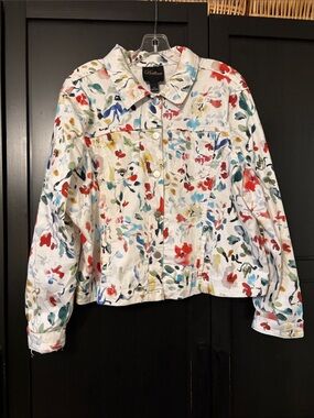 Painted Floral White Denim Jacket by - Multicolor Floral Print